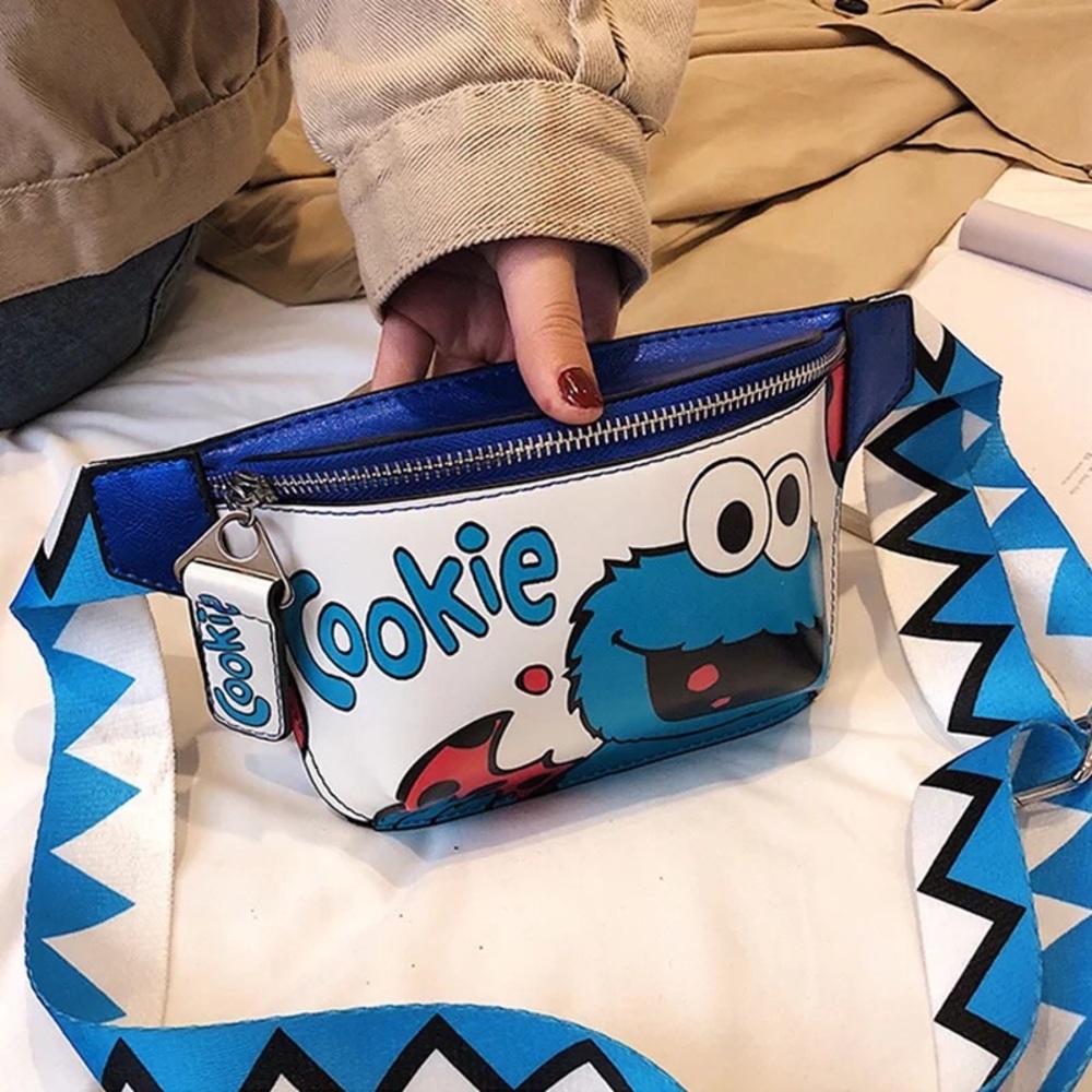 Cookie Monster Fanny pack Mens pu leather waist crossbody bag cartoon blue white - Picture 4 of 5